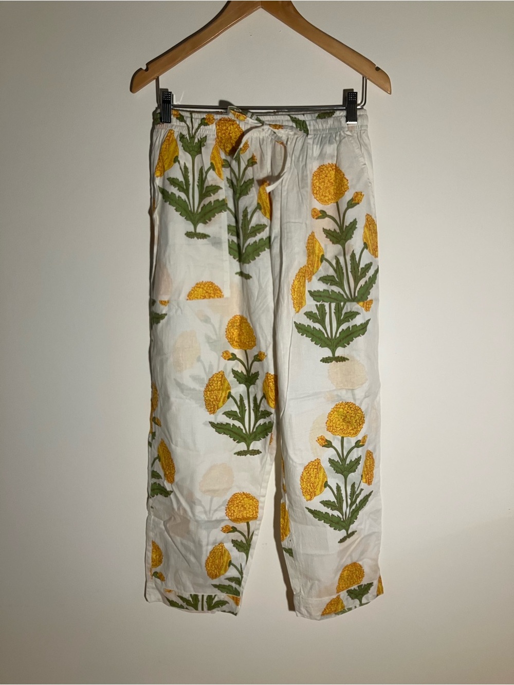 Flower Block Print Cotton Wide Leg Pajama Pants Size S In